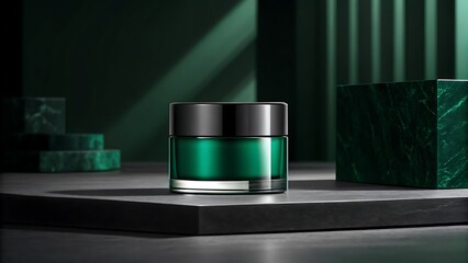 Luxury green cosmetic cream jar with black lid displayed on dark stone podium with marble accents