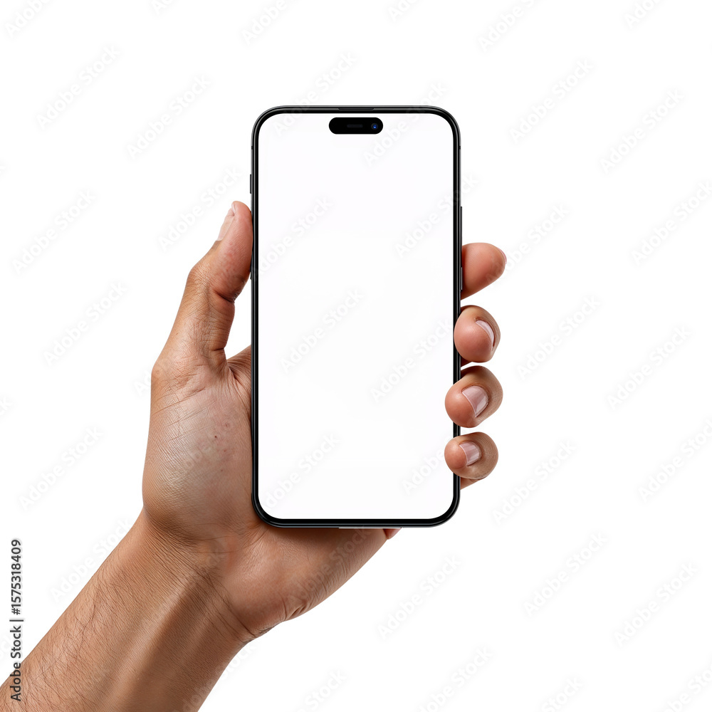 Poster hand displaying a modern smartphone with a blank white screen against a plain backdrop