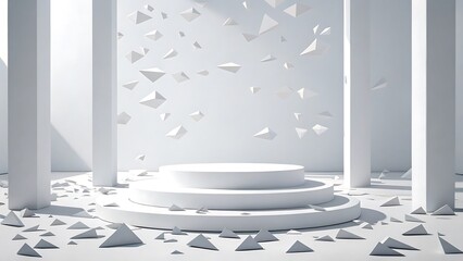 Minimalist white stage with floating geometric shapes and scattered pyramids in architectural setting