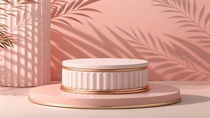Elegant pink display podium with gold accents and palm leaf shadows for product presentation