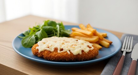 Close up of chicken schnitzel with cheese, salad and fries on a blue plate