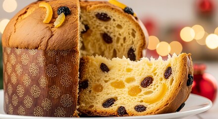 Close up of a sliced panettone cake with raisins and candied fruit on a plate