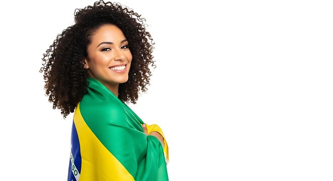 Portrait of smiling woman with curly hair draped in a brazilian flag smiling