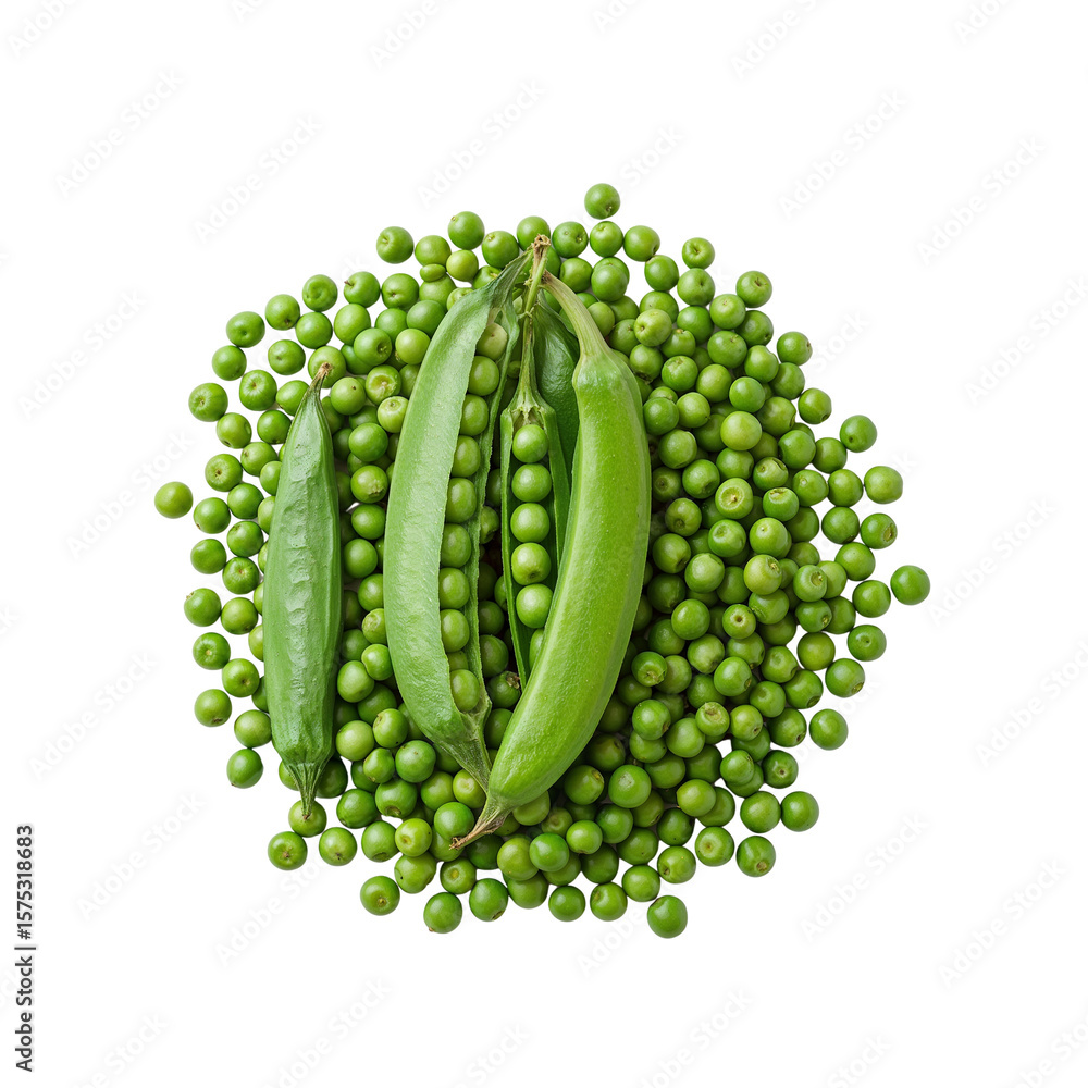 Poster vibrant green peas clustered in visually appealing array against transparent setting
