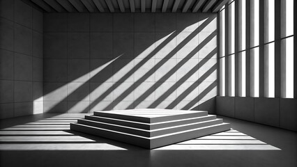 Minimalist architectural interior with tiered platform bathed in dramatic striped sunlight and shadow