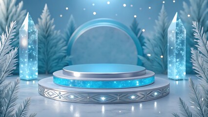 Elegant winter stage with glowing crystals and frosty branches for product display