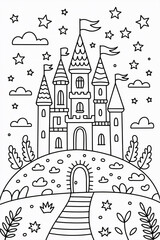 A whimsical fairy tale castle on a hill under a starry sky, perfect for a coloring page