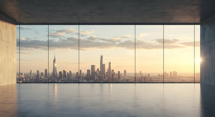 Stunning City Skyline View from Modern Office Space Large Windows Panoramic Sunset Urban Landscape Architecture Design Interior Minimalist Concrete