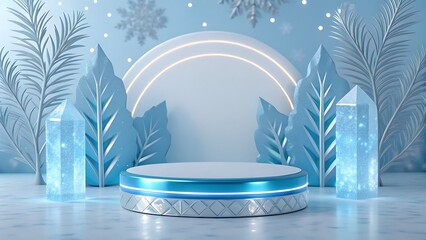Elegant winter scene with illuminated podium and crystal elements for product display