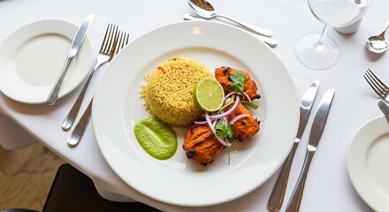 A plate of tandoori chicken with rice and green sauce on a white tablecloth