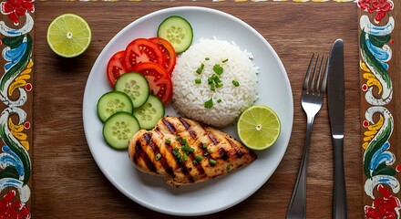Grilled chicken breast with rice tomatoes cucumber and lime on a white plate