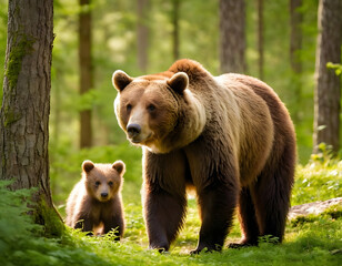 Obraz premium Adorable brown bear mother and cubs roam freely in a sun-dappled forest, surrounded by lush greenery, showcasing tender family bonding in a serene wilderness setting. brown bear in the green forest.