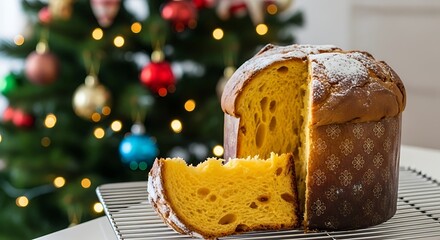 Panettone cake with a slice cut out on a wire rack in front of christmas tree