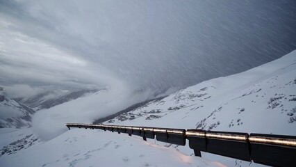 Low clouds racing over snow covered mountain road with guardrail, revealing dramatic winter landscape and showcasing breathtaking alpine wilderness with windswept scenery