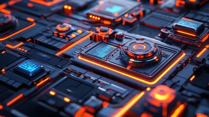 Close-up view of intricate futuristic circuit panels.