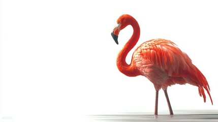 Vibrant Pink Flamingo Standing Gracefully in Shallow Water Against White Background