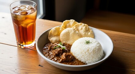 A bowl of curry with rice and papadums next to a glass of iced tea on a table