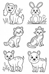 A collection of cute cartoon animals isolated on white background, including a dog, cat, rabbit, and hyena