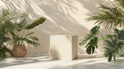 Light beige display podium surrounded by lush greenery.