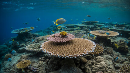 A vibrant coral reef teeming with marine life in the clear blue ocean, showcasing the beauty of underwater ecosystems