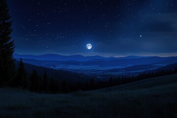 Full moon illuminates a tranquil summer landscape under the night sky, Night sky with full moon over a peaceful summer landscape