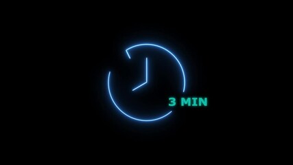 3 minute countdown timer Animation. analog neon clock icon animation . black background