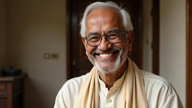 Elderly Indian Man in Kurta and Shawl Smiling Kindly at Camera | Warm Traditional Ethnic Portrait Captured in 4K Ultra HD Video Footage