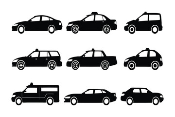 Fleet of Shadowy Vehicles: A compilation of various car silhouettes, showcasing the diverse models of vehicles. The monochrome design emphasizes simplicity and versatility. 