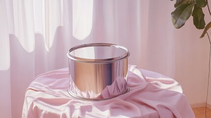 Polished metal cylinder on a pink surface.