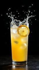 Lemon Soda Splashing with Ice in Glass against Black Backdrop