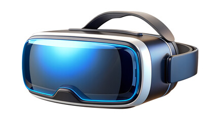 A futuristic virtual reality headset with glowing blue accents and reflective lenses, symbolizing immersive technology and digital experiences isolated on transparent background