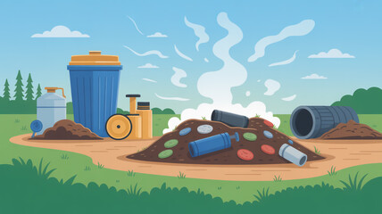 A cartoon illustration of a garbage dump with smoke, depicting pollution and environmental waste issues