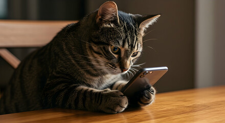 Adorable tabby cat intently using smartphone cute pet technology digital age feline internet social media