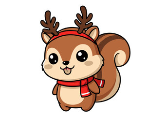 Fototapeta premium Cute Cartoon Squirrel with Reindeer Antlers and Scarf.