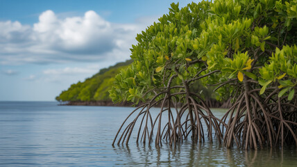 Green mangrove trees with intricate root systems grow along the tranquil coast under a cloudy sky