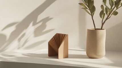 Light-brown wooden object and beige vase on a light-colored surface.