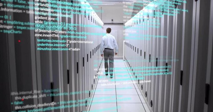 IT engineer walking server corridor activating code showing monitoring, computation, password, form