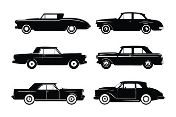 Classic Car Silhouettes: Six sleek, vintage car silhouettes, presented in stark black against a clear backdrop. The image showcases a collection of iconic automobiles.