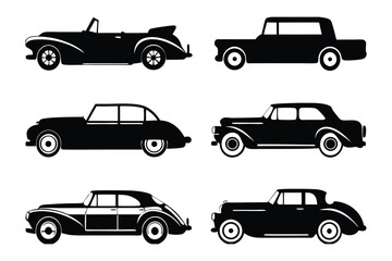Vintage Car Silhouettes: A collection of stylish vintage cars, rendered in bold, black silhouettes, conveying an air of classic automotive design.