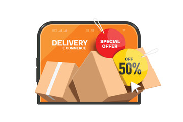 Cardboard box or parcel box with red and yellow circle promotion sign with text special offer 50% off all placed front of smartphone for online shopping, delivery, e-commerce advertising design