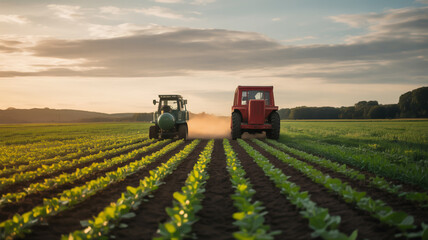 Two tractors working in a field at sunset, cultivating the land for crops