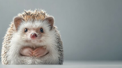Adorable Hedgehog with Expressive Eyes Sitting Cute on a Gray Background