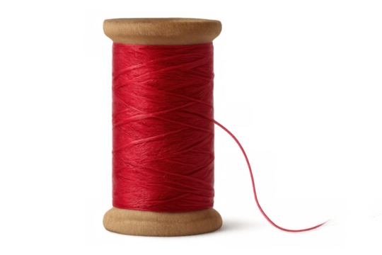 Red thread wound on a wooden spool with a transparent background, perfect for projects related to sewing, tailoring, and needlework - Powered by Adobe