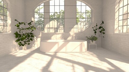 Modern bathroom interior with a freestanding tub and plants.