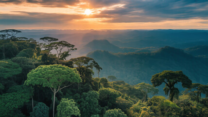Golden sunset illuminates the vast amazon rainforest canopy, creating a breathtaking aerial view