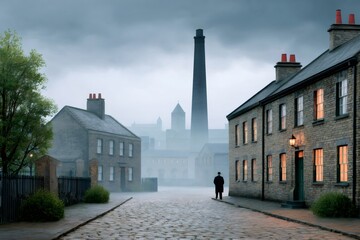 Businessman walking in a foggy victorian industrial town