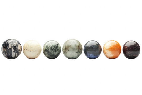 Collection of seven textured spheres resembling planets or marbles isolated on transparent background