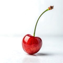 A single ripe red cherry with a long green stem rests on a textured white surface with a clean bright background