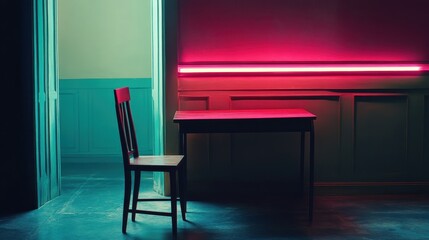 Empty room with neon light and wooden table and chair.