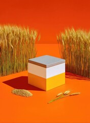 Geometric cube on orange, wheat stalks